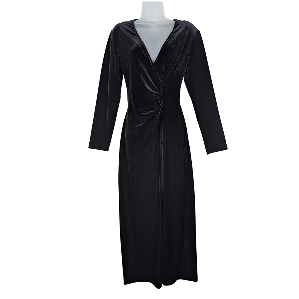 Robbie Bee Black Velvety Faux Wrap Maxi Dress With Slit Women's 12 Stretchy‎